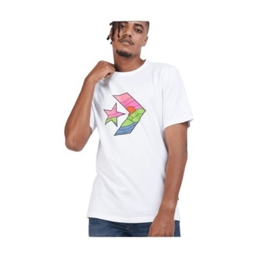 Converse All Star Chevron Sunset Graphic Tee White Pink Green Knit XS